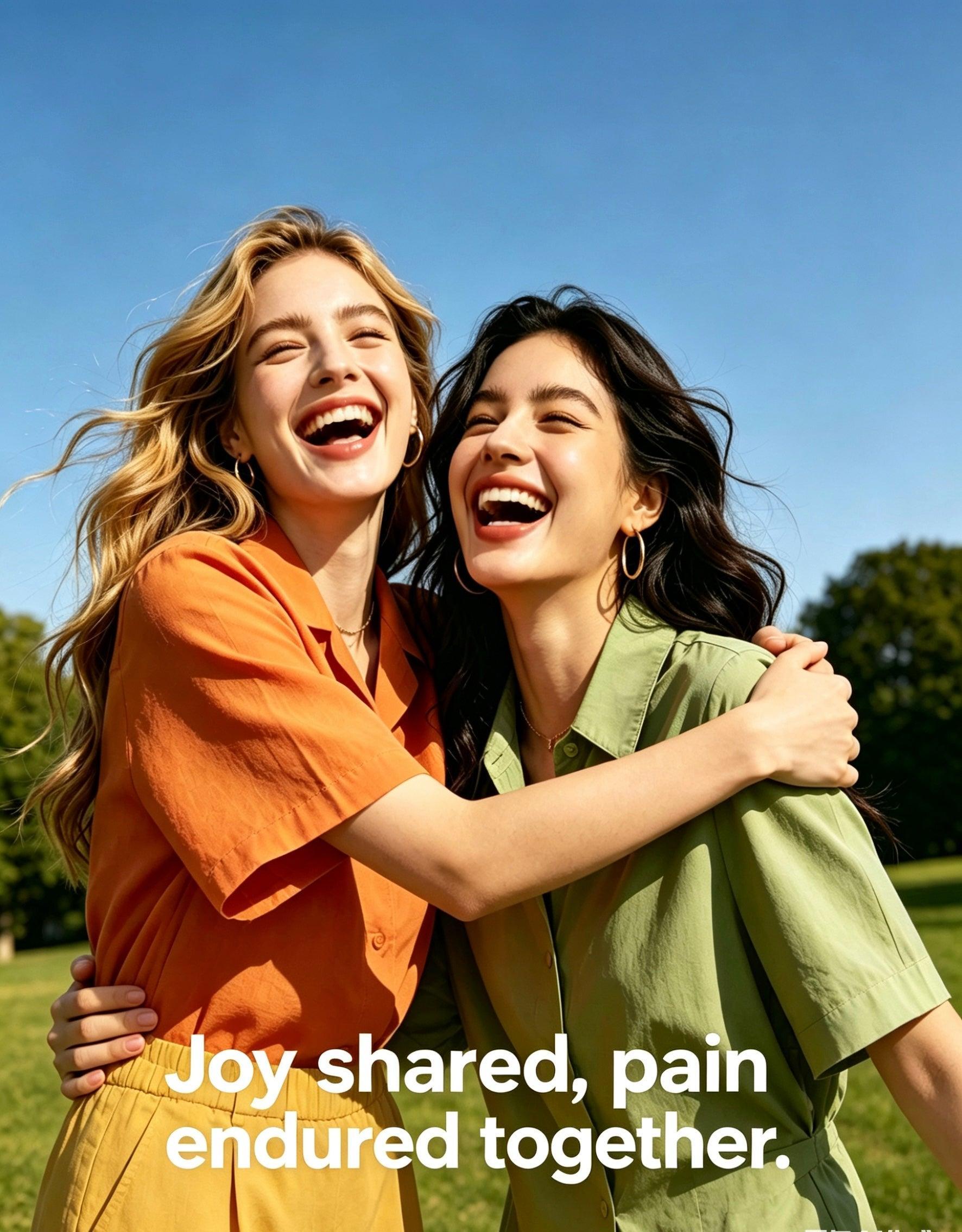 Two laughing women wearing delicate silver moissanite necklaces while embracing outdoors in a sunny park.