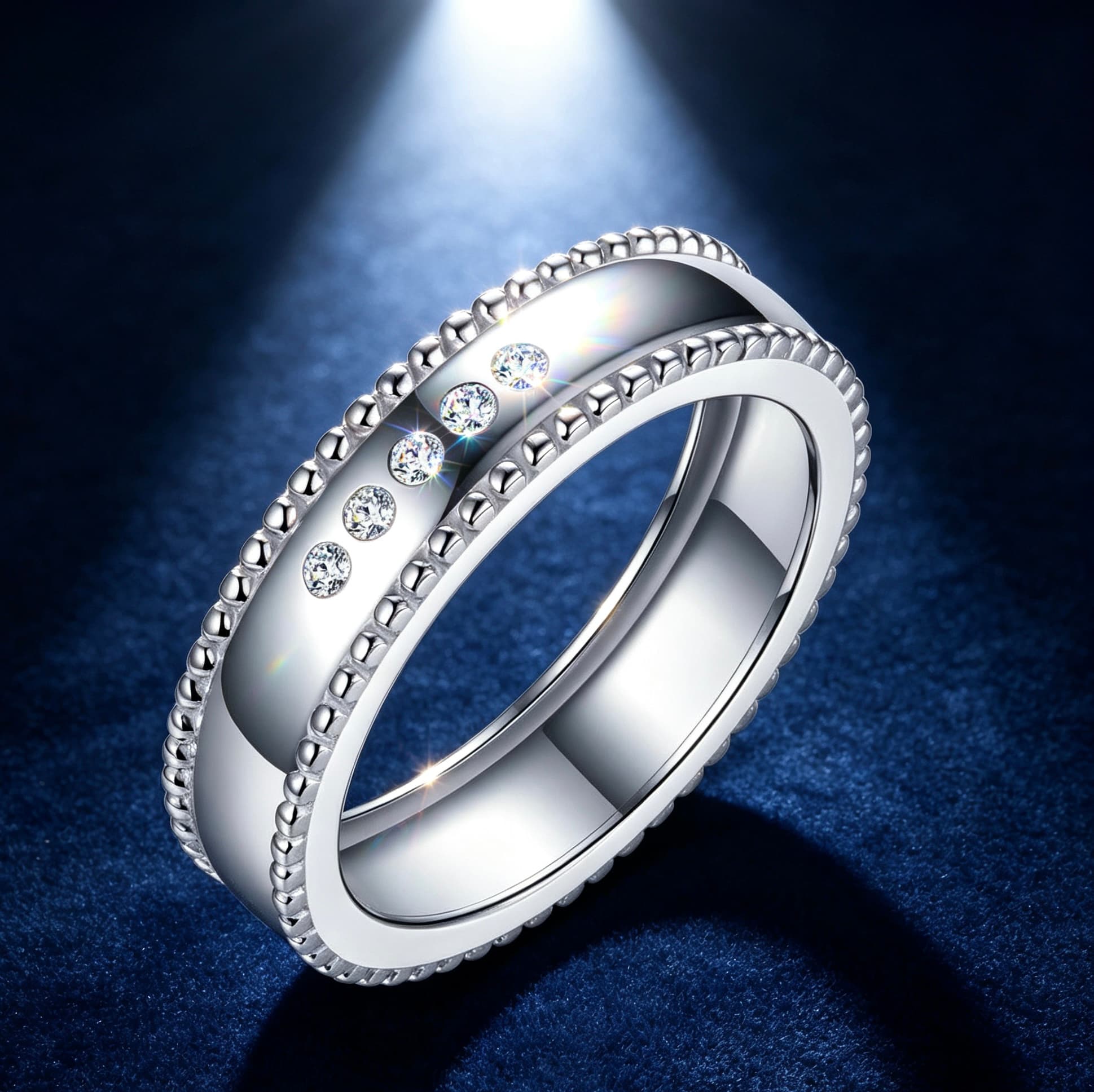 Wide S925 silver men's wedding band featuring five D-color moissanite stones and a textured beaded edge on a blue background.
