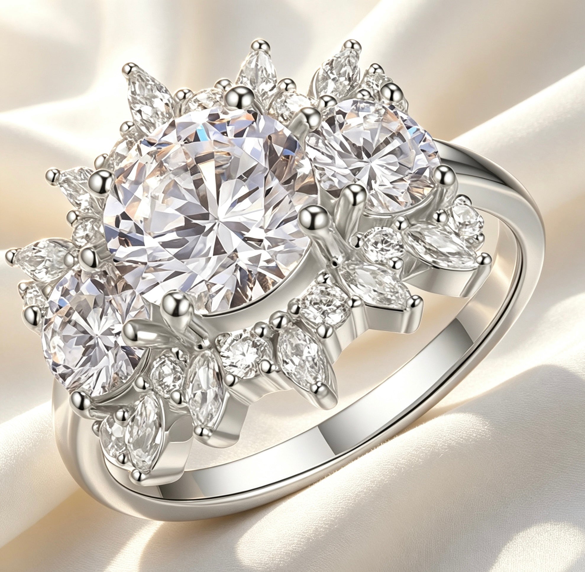 8mm round moissanite floral engagement ring with marquise petals in sterling silver on a white satin background.
