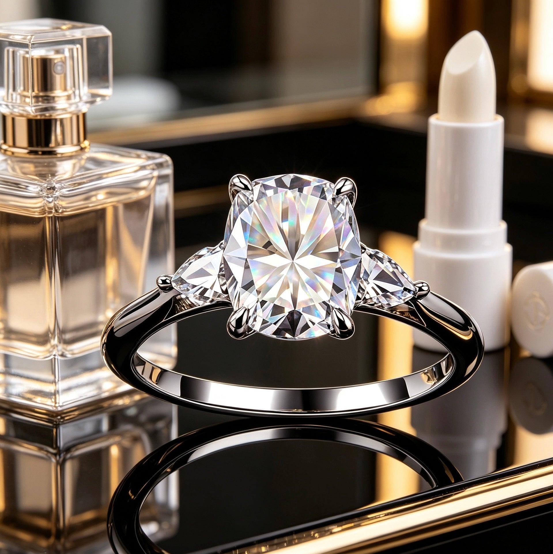 Cushion cut moissanite three-stone engagement ring in sterling silver with pear-shaped side stones on a reflective surface.