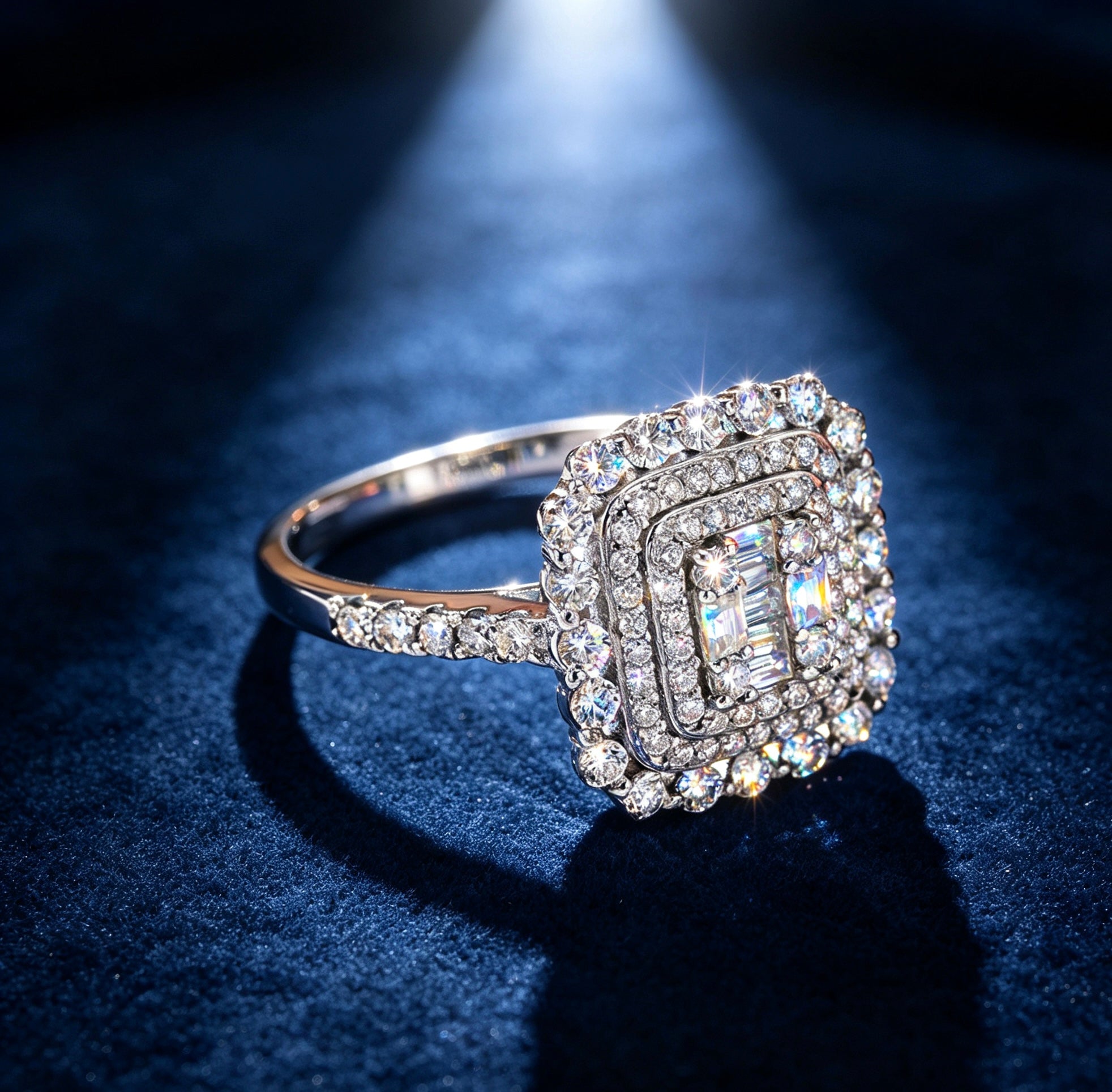Square double halo moissanite ring in S925 silver with a baguette cluster center and pavé band on dark blue velvet.
