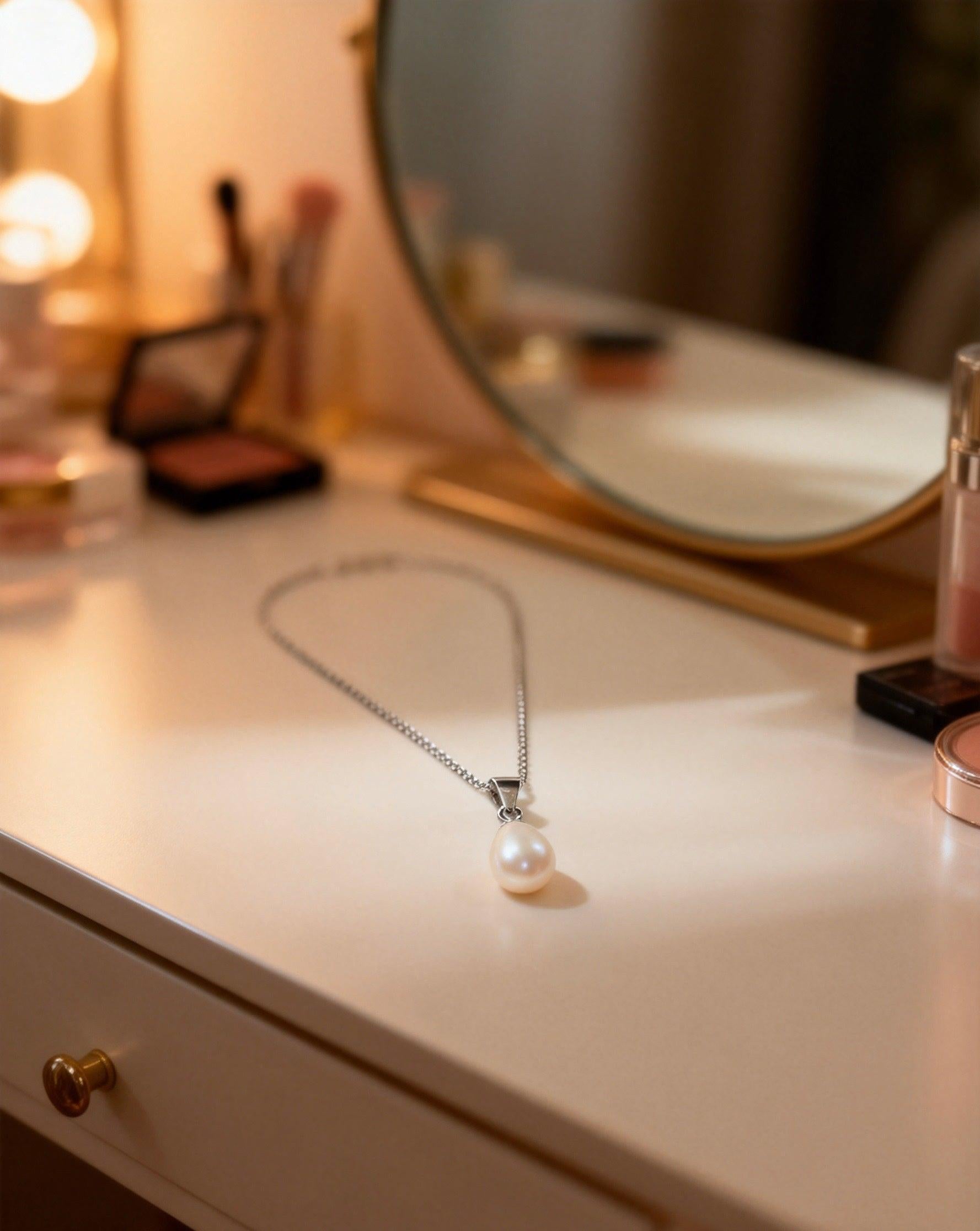 Baroque freshwater pearl pendant on a delicate 925 sterling silver chain resting on a vanity table.