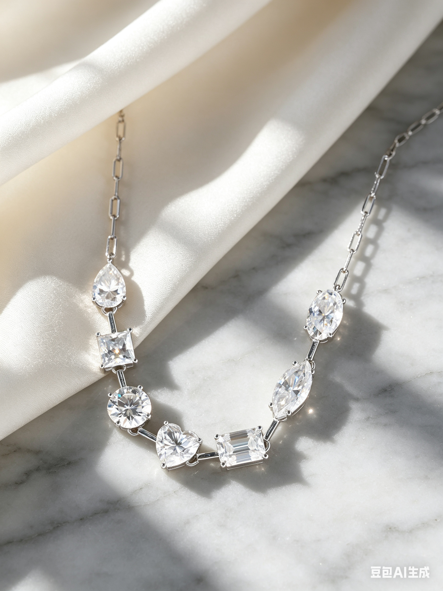 Luvymia sterling silver necklace featuring multi-shape D-color moissanite stones on a delicate chain against white silk.