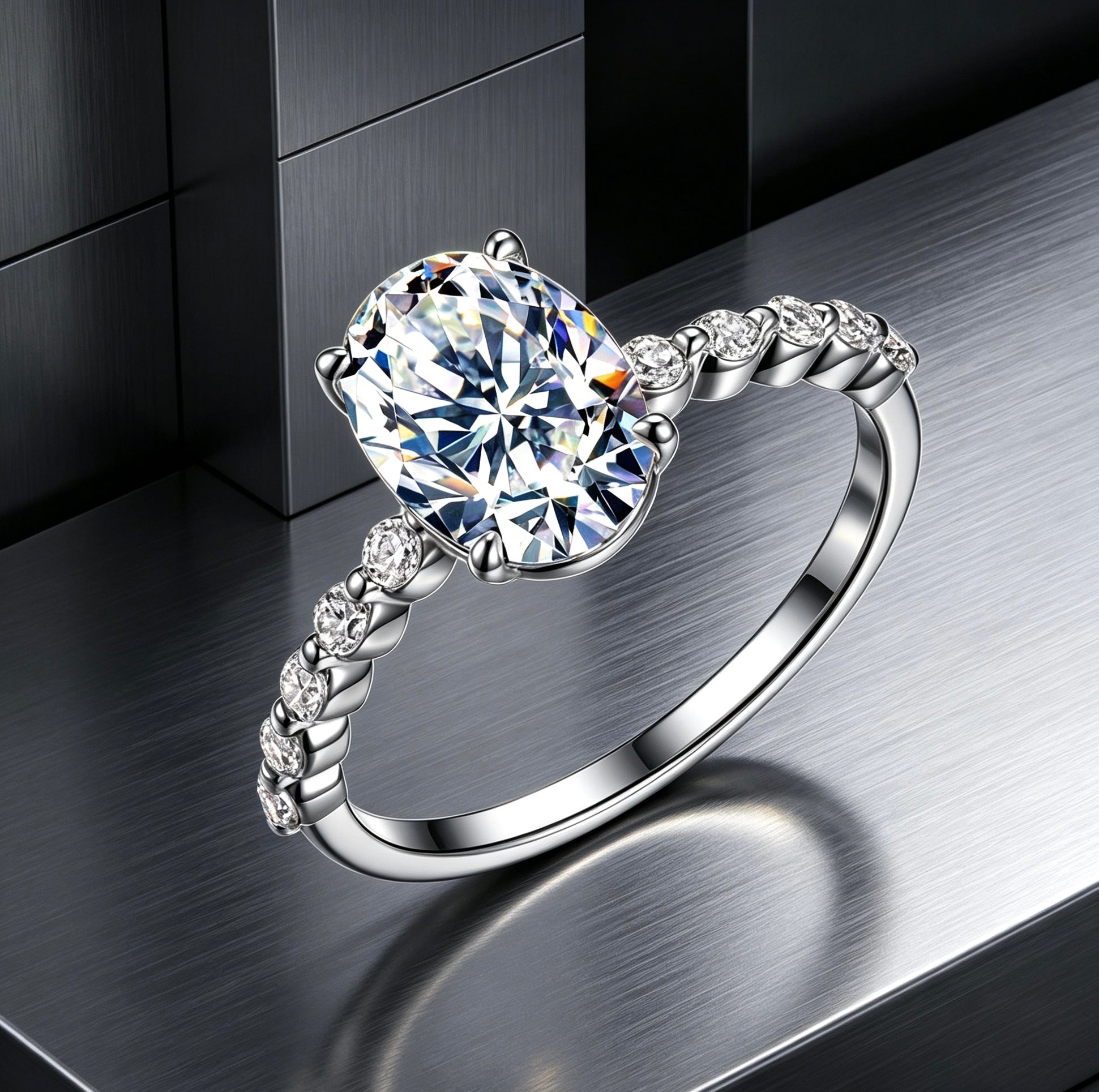 Oval moissanite engagement ring in S925 silver with a prong-set center stone and round accent stones on a delicate band.