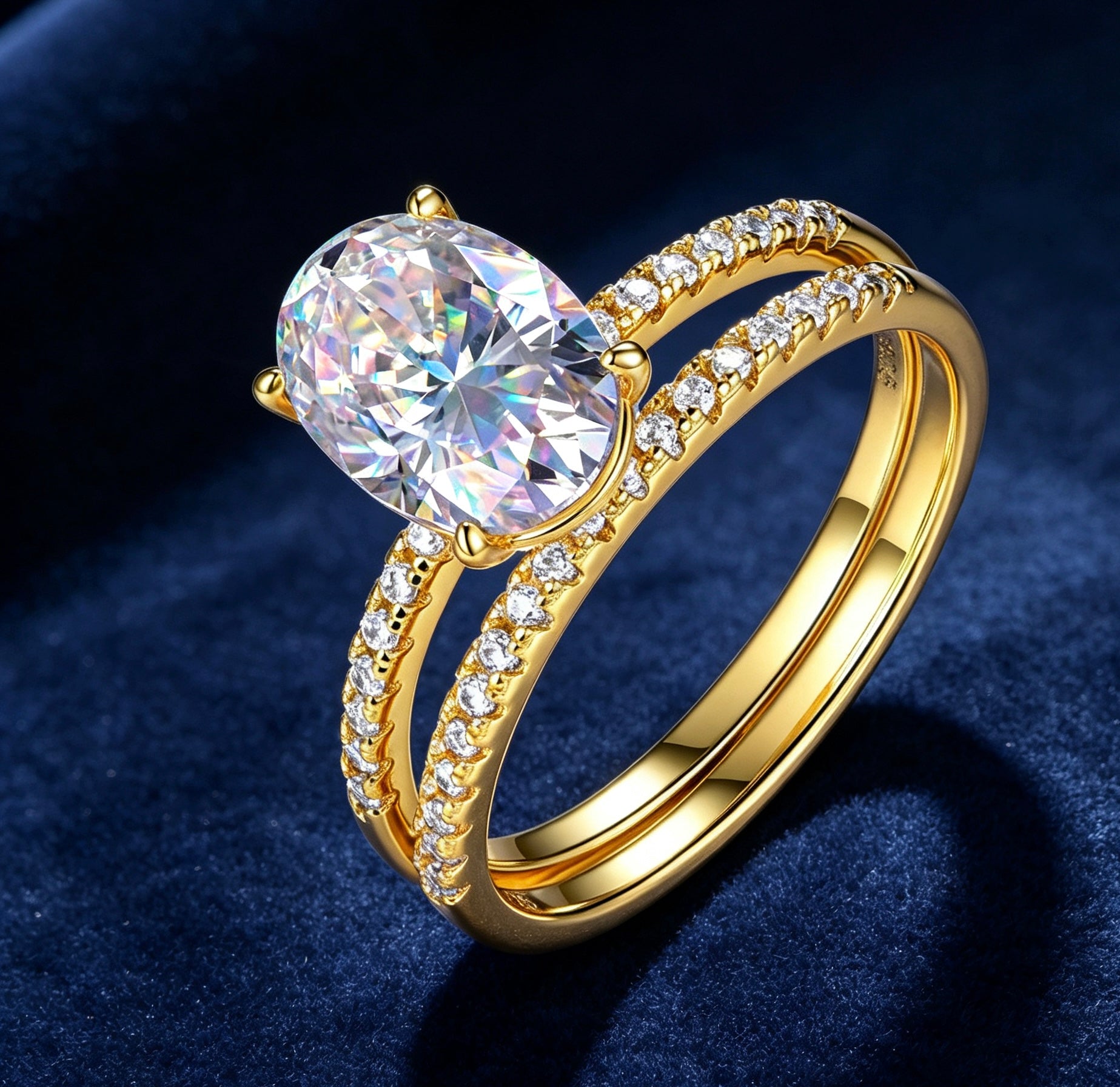 Gold oval moissanite solitaire engagement ring set with a curved pavé diamond wedding band on blue velvet.