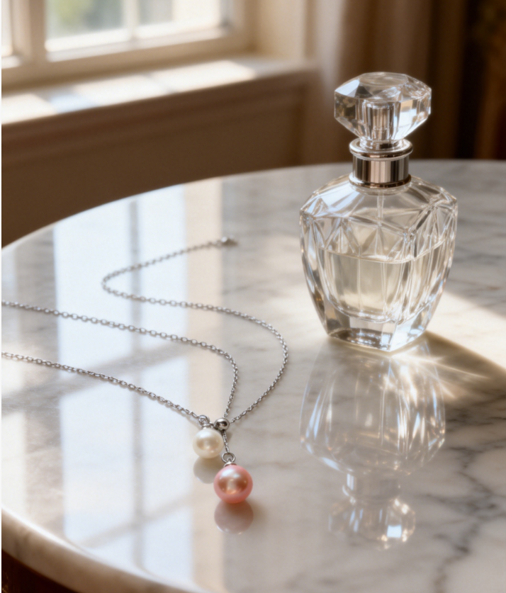 Double pearl pendant necklace with 6-7mm peach and 4-5mm white pearls on a 925 sterling silver chain.