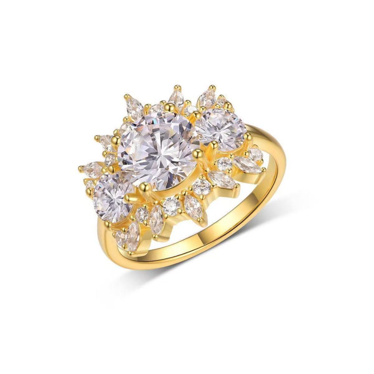 8mm round moissanite floral engagement ring in gold-plated S925 silver with marquise-cut petal accents.