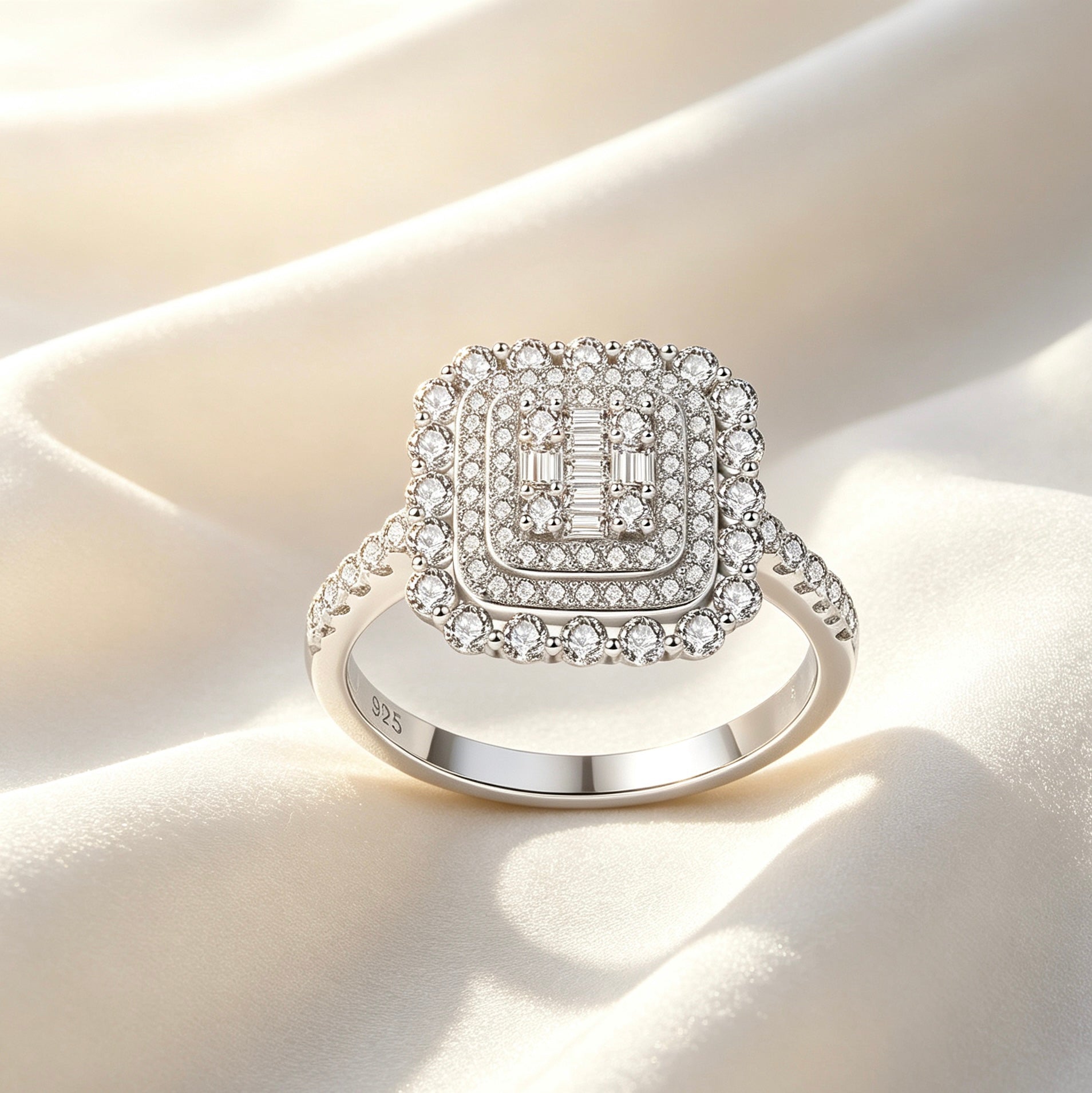 Square double halo moissanite ring in S925 silver featuring a baguette cluster center and pavé band on white silk.