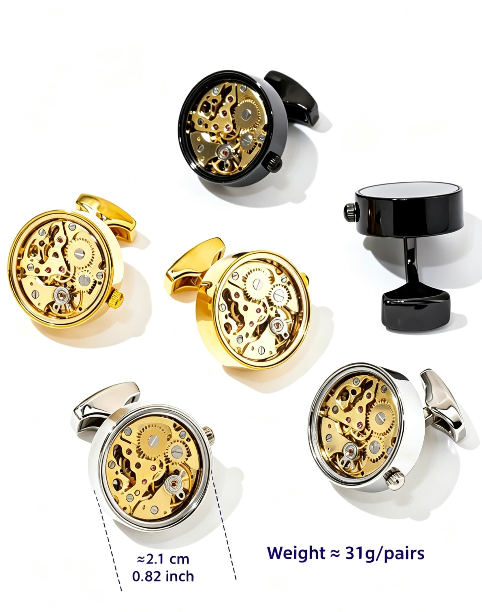 Gold, silver, and black skeleton movement cufflinks featuring intricate brass gears and ruby bearings on a white background.