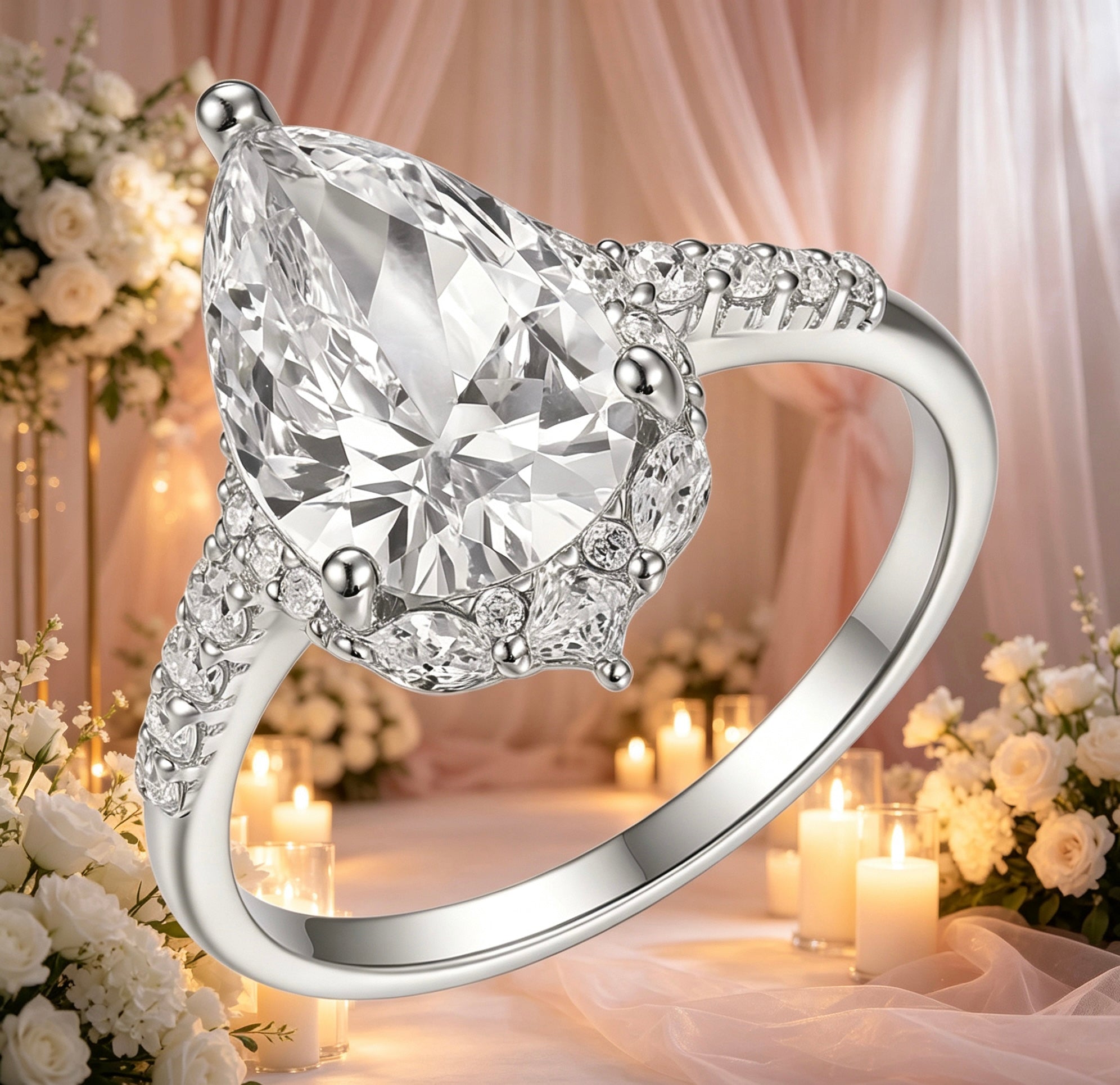 8x12mm pear-cut moissanite halo ring in S925 silver with marquise and pavé accents against a wedding backdrop.