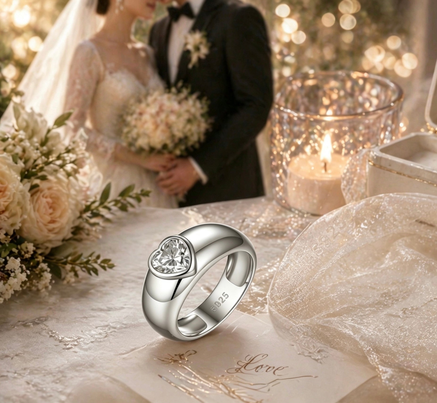 1.2ct heart-cut moissanite ring in a polished S925 silver dome band with a modern bezel setting.