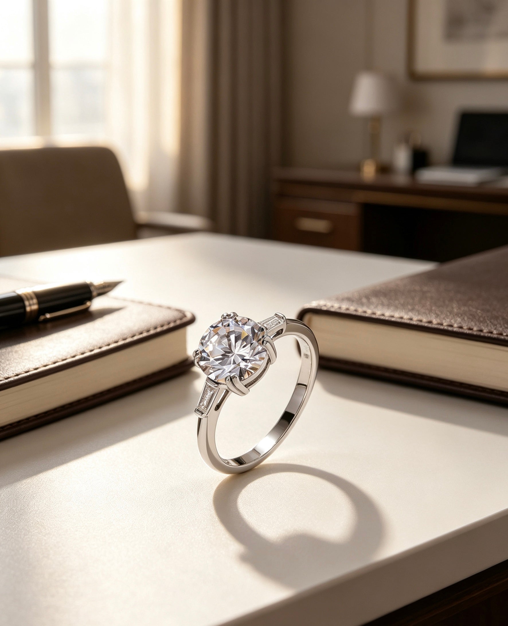 Six-prong round moissanite engagement ring in S925 silver with tapered baguette accents on a desk.