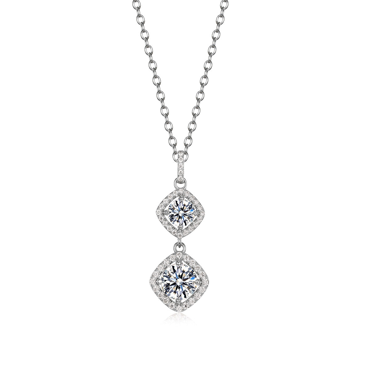 Silver double-stone moissanite necklace with two halo-set square pendants on a delicate chain.