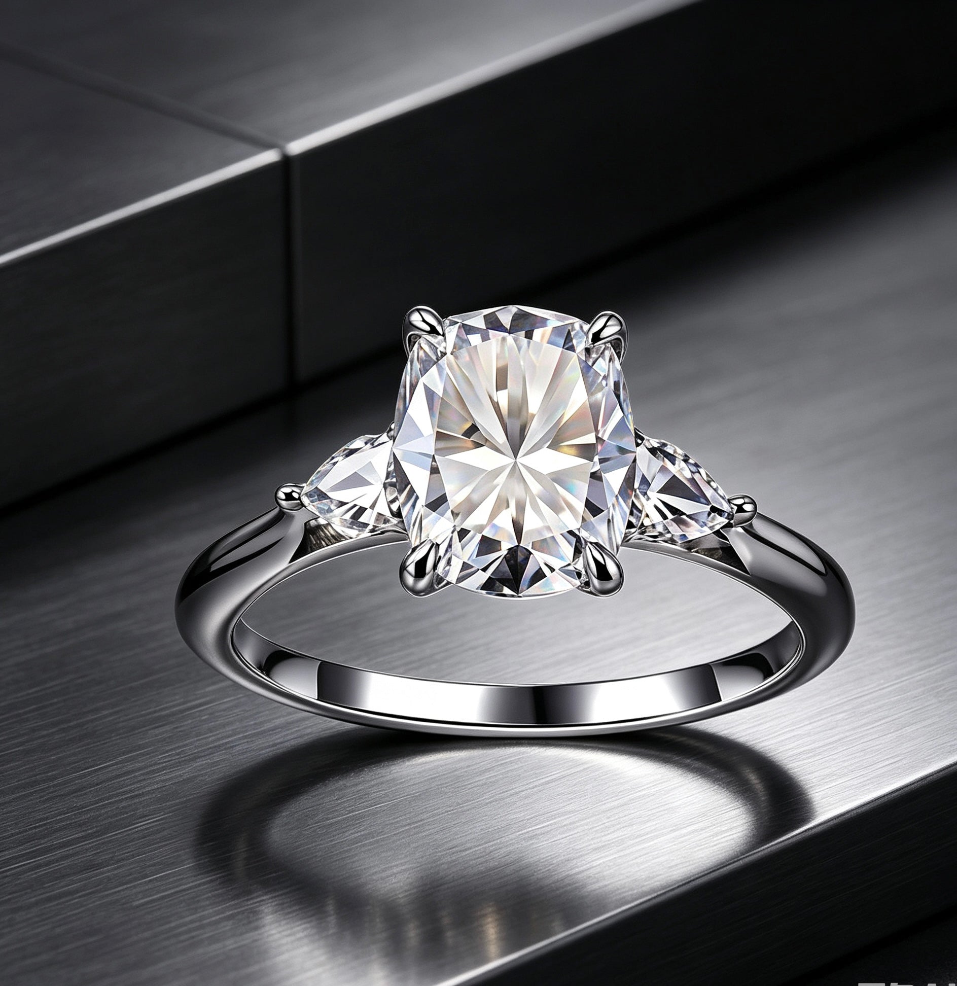 7x9mm cushion cut moissanite three-stone ring with pear side stones in polished S925 silver on a metallic surface.
