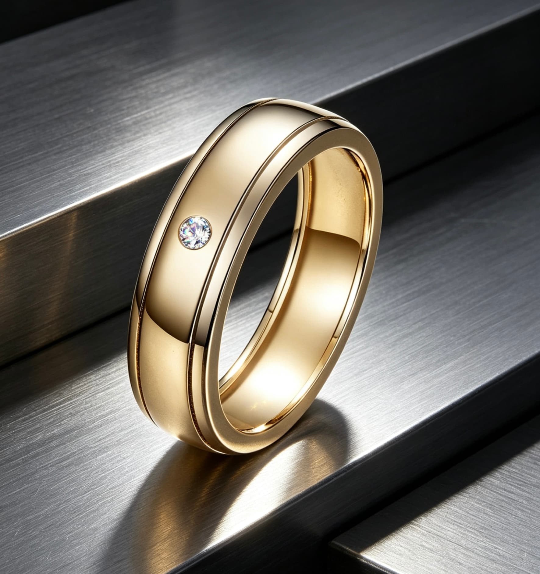 Minimalist gold-tone men's wedding ring with a flush-set single moissanite stone and double rail detailing.