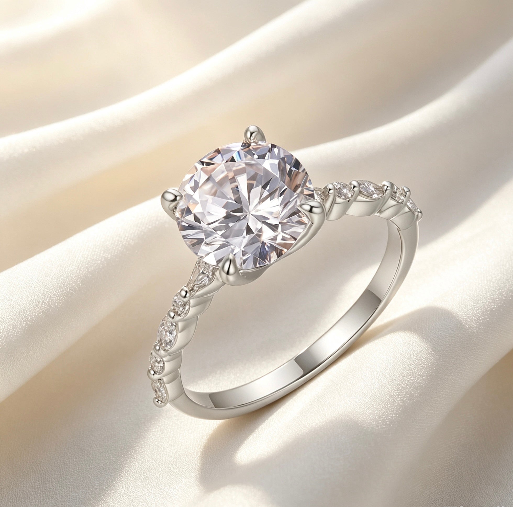 9mm round moissanite ring in S925 silver with marquise-cut accent stones on a draped white silk background.