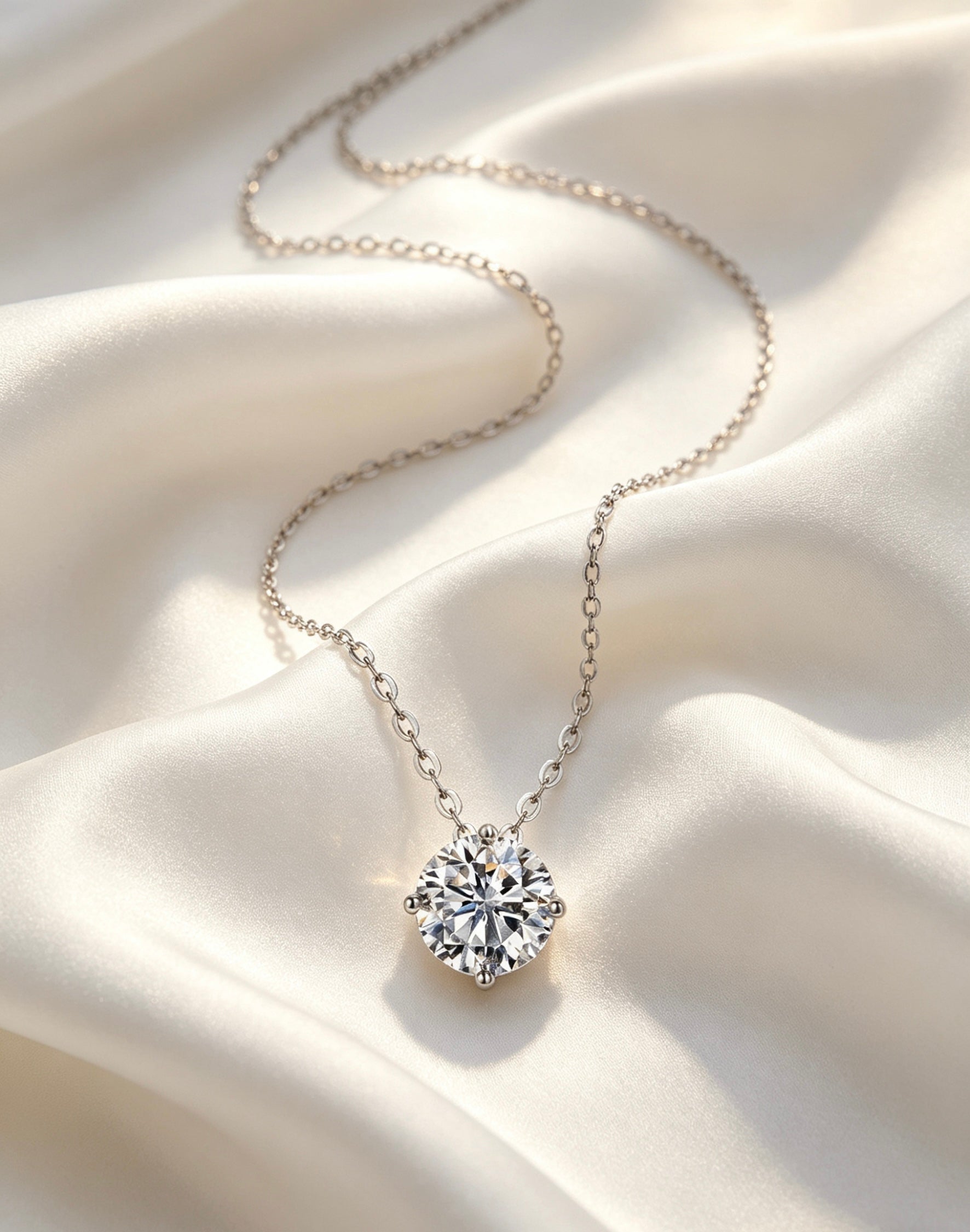 Round brilliant moissanite pendant in a four-prong sterling silver setting on a delicate chain over white silk.