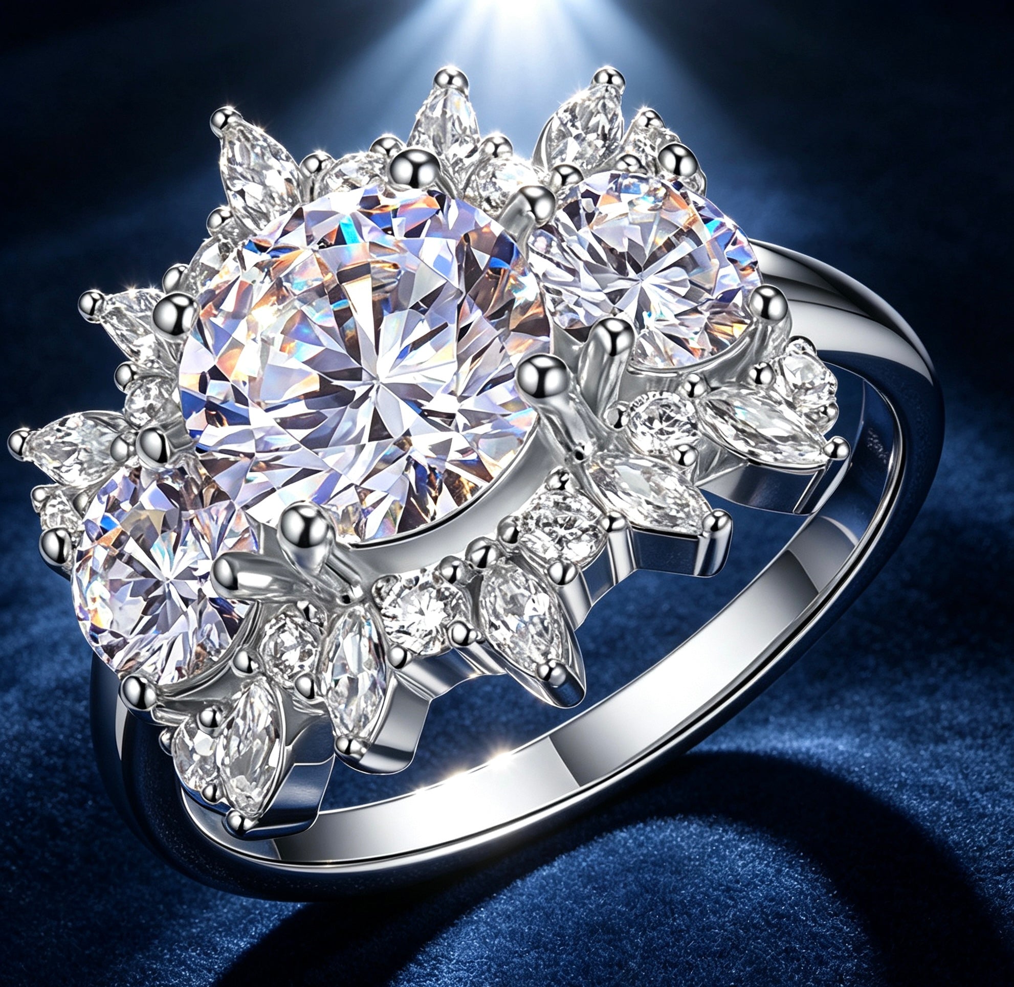8mm floral moissanite engagement ring in sterling silver with marquise petal accents on a deep blue velvet background.
