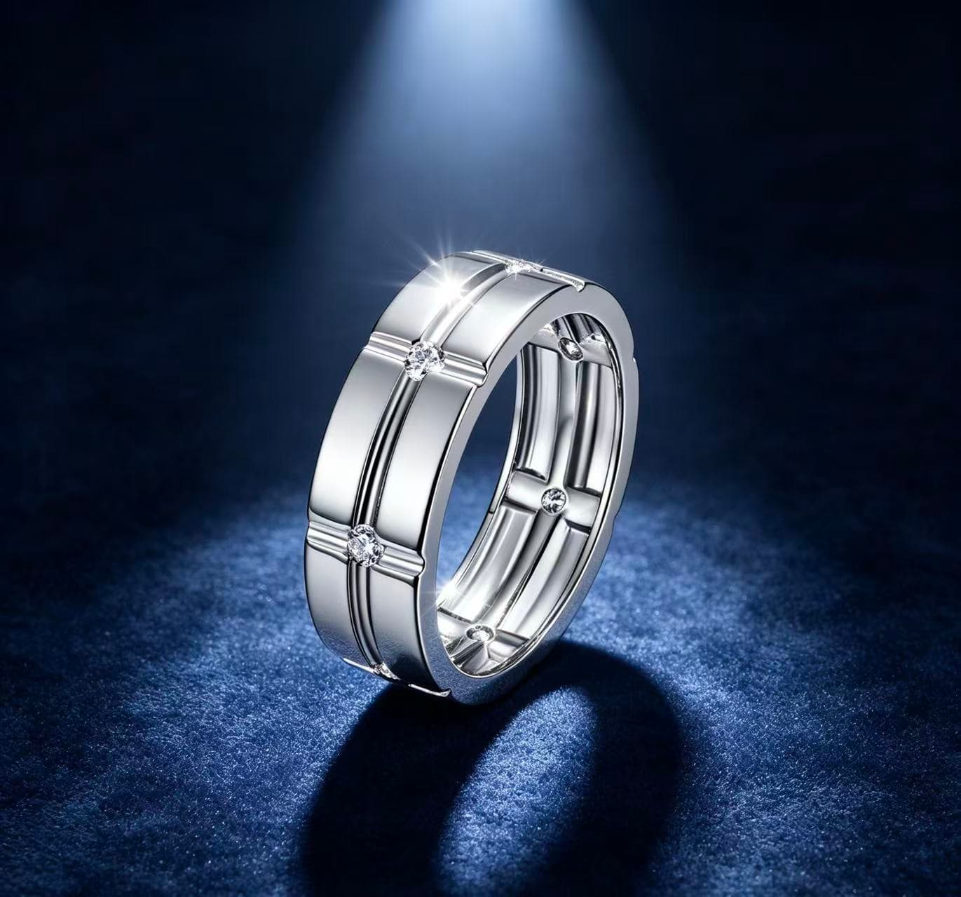 Wide S925 silver men's wedding band featuring a geometric grid pattern and seven flush-set D-color moissanite stones.