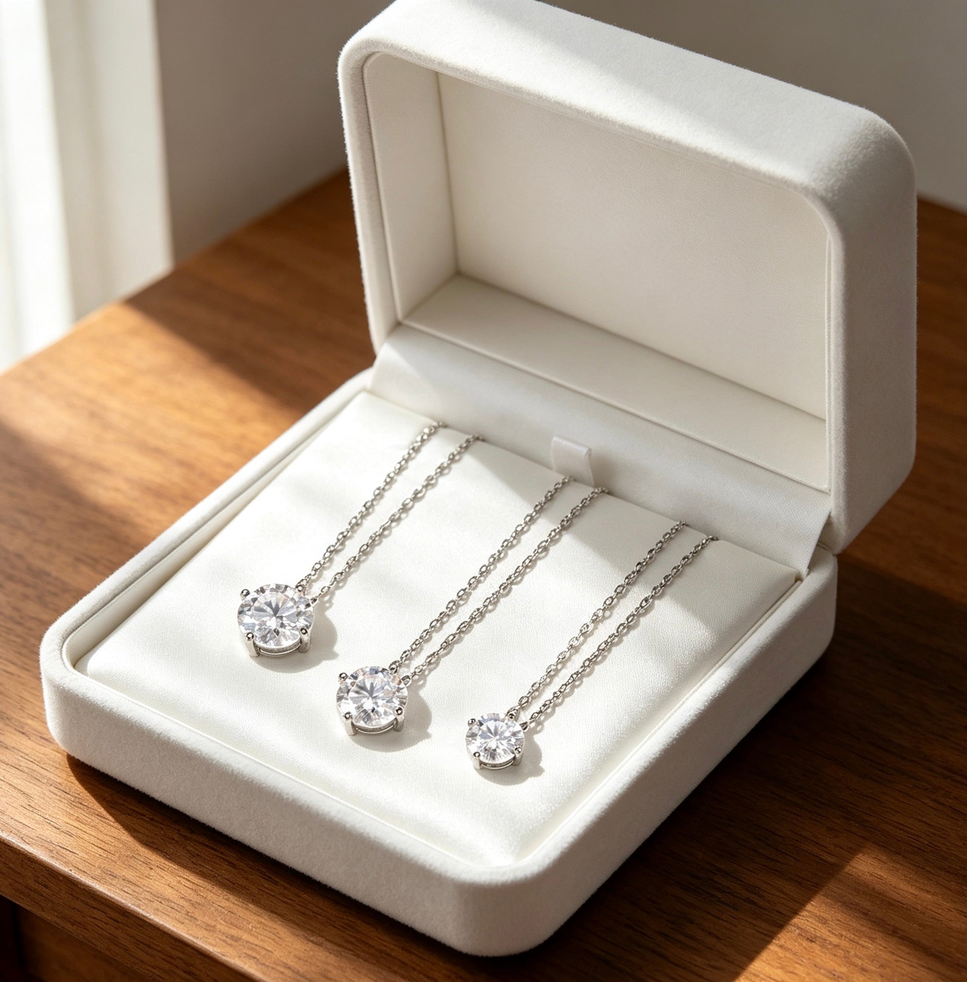 Three round-cut moissanite solitaire necklaces in a four-prong S925 silver setting, displayed in a white gift box.