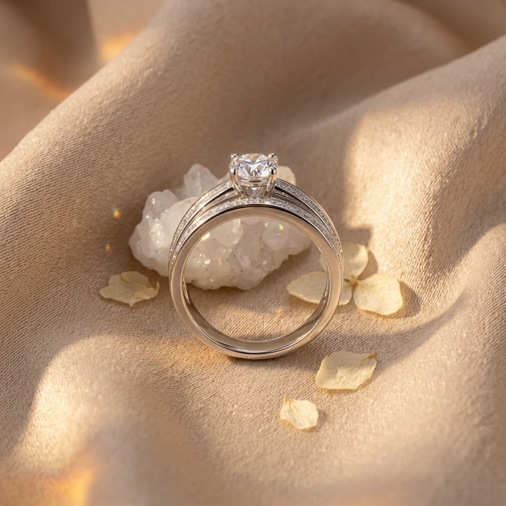 Men's S925 silver wedding ring with a 0.4ct moissanite center stone and double pavé rail design on a beige fabric background.
