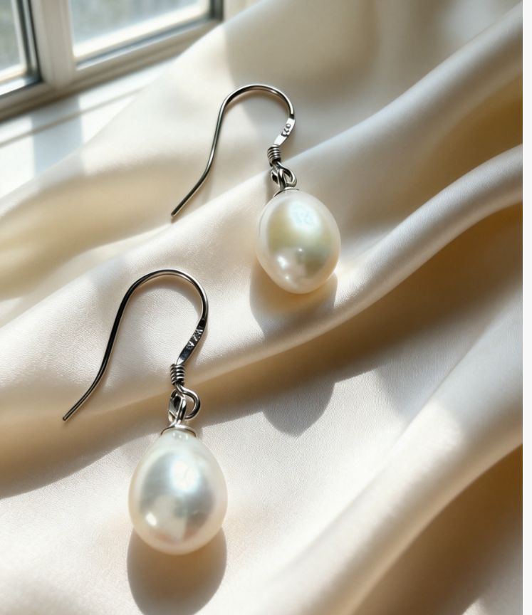 Baroque freshwater pearl drop earrings with 925 sterling silver hooks on cream satin fabric.