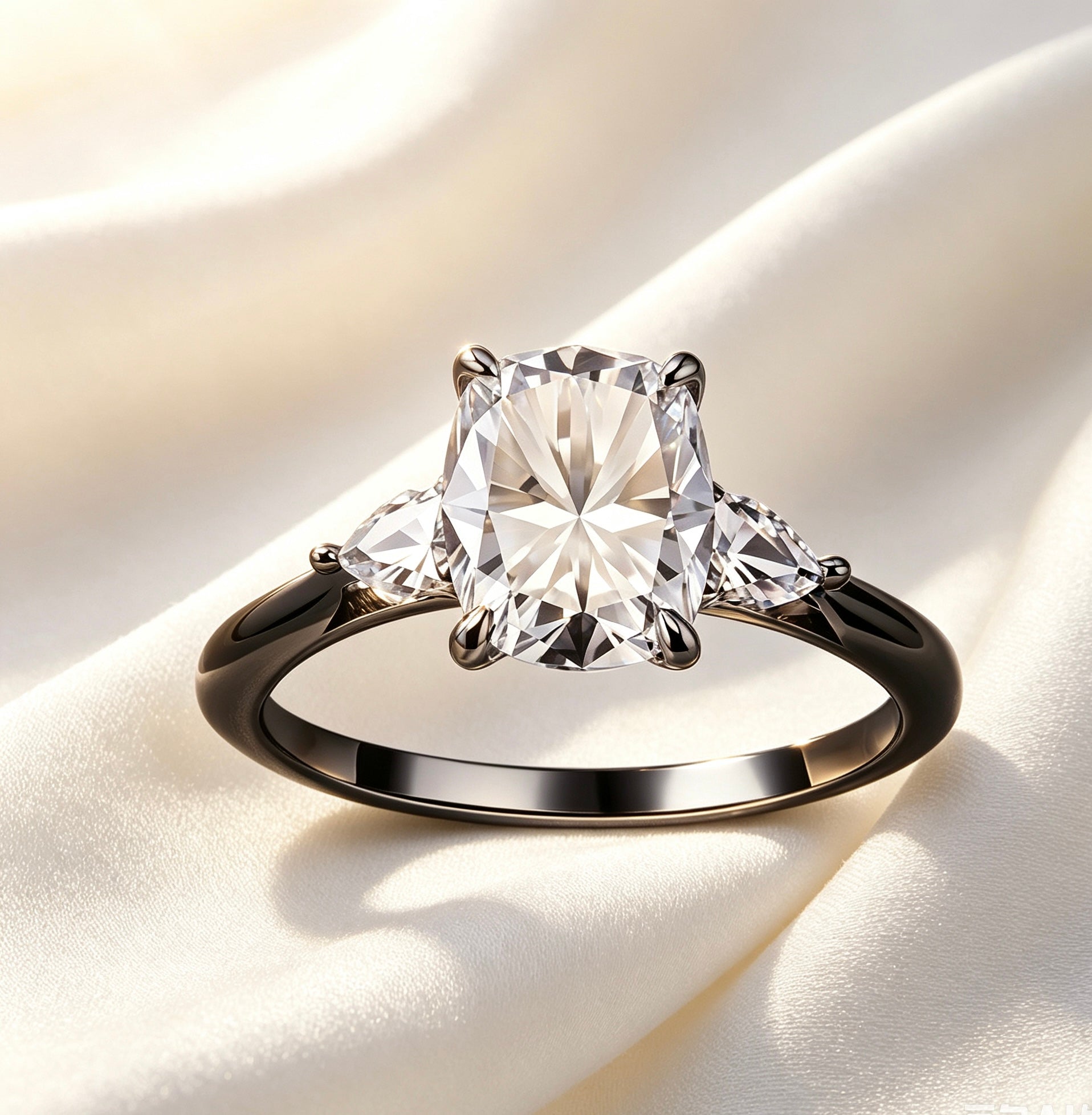 7x9mm cushion cut moissanite three-stone ring with pear side stones on a polished silver band atop white silk.