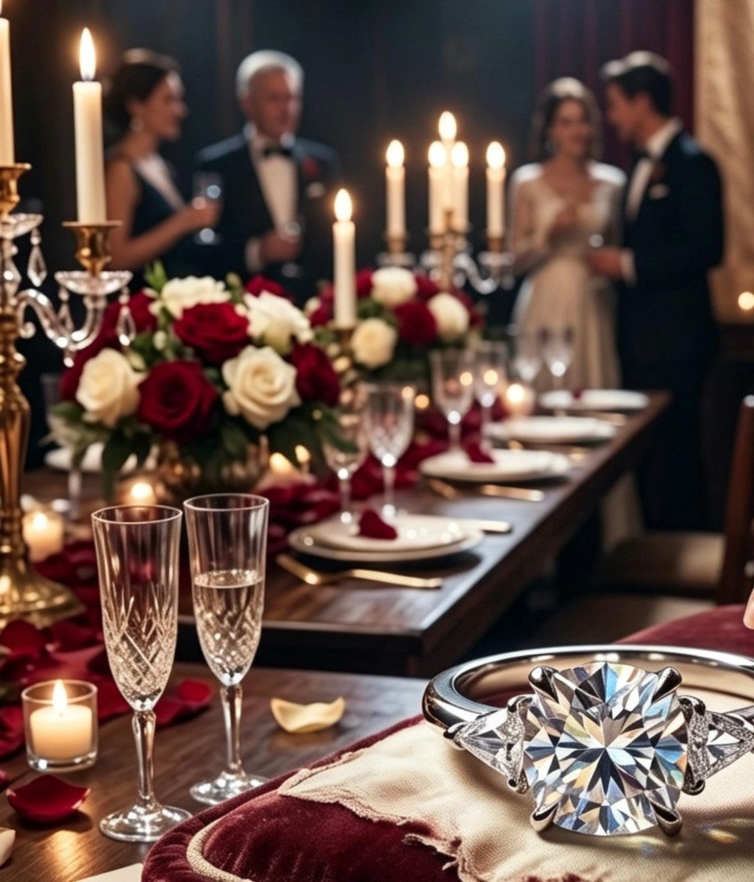 Cushion cut moissanite three-stone ring in S925 silver on a velvet cushion at a romantic candlelit dinner.