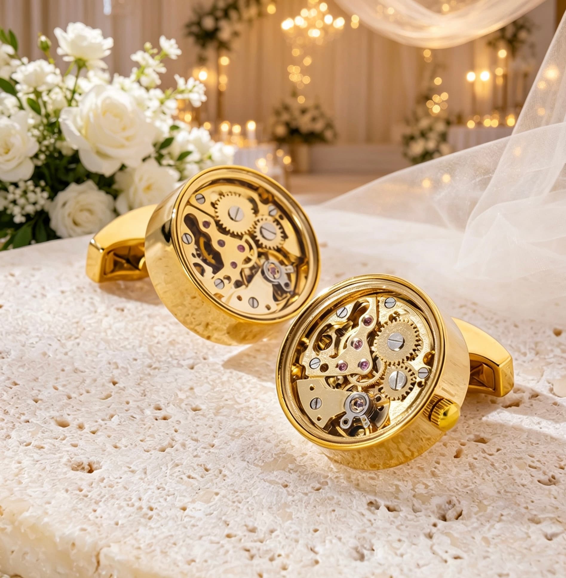 Gold brass skeleton movement cufflinks featuring visible gears and ruby jewel bearings on a textured stone surface.