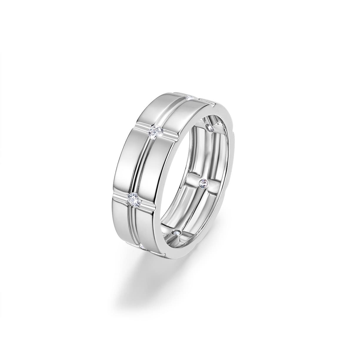 Wide silver men's wedding band with a geometric grid pattern and seven flush-set D-color moissanite stones.