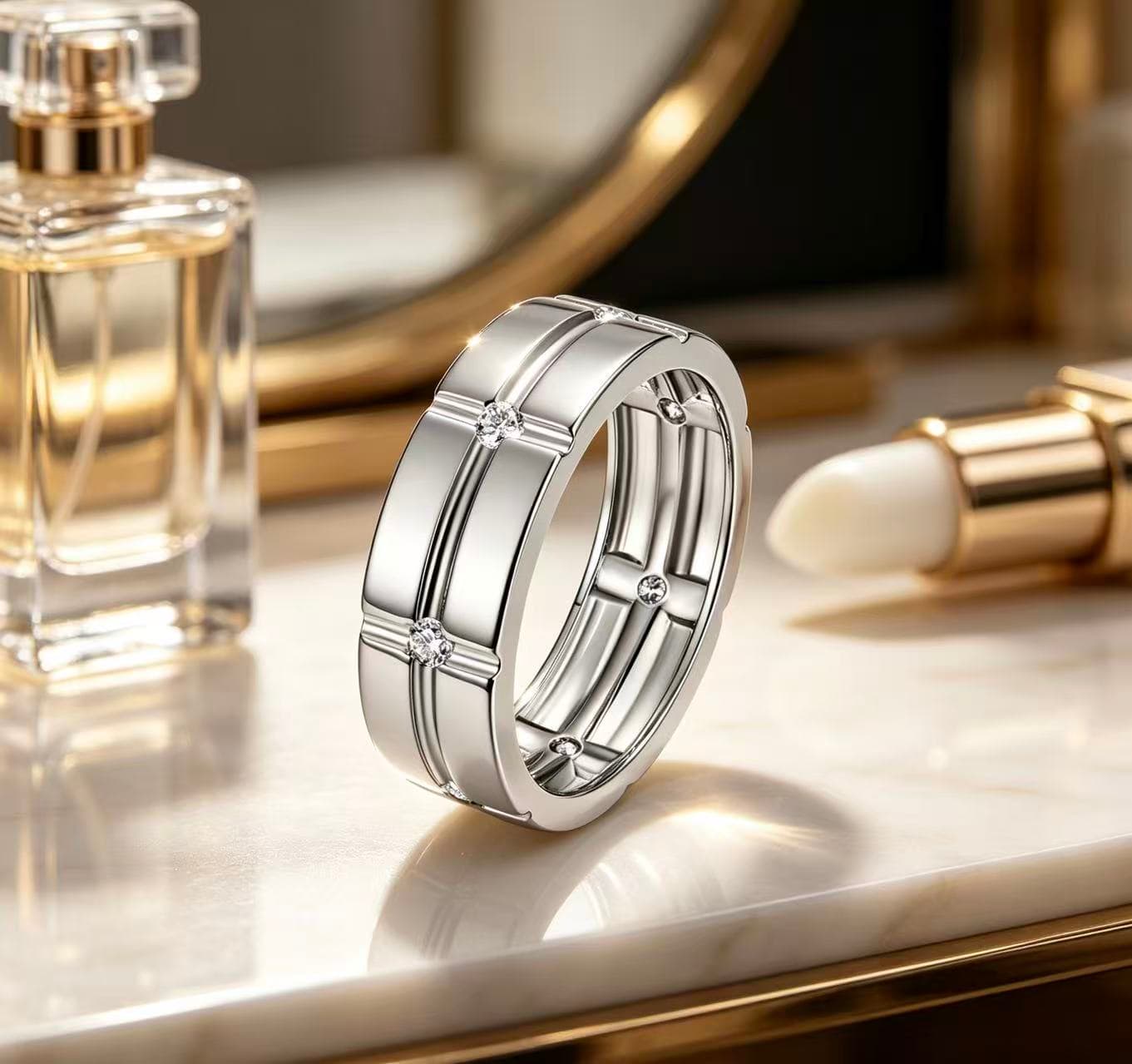 Wide S925 silver men's wedding band featuring a geometric grid pattern and seven flush-set D-color moissanite stones.