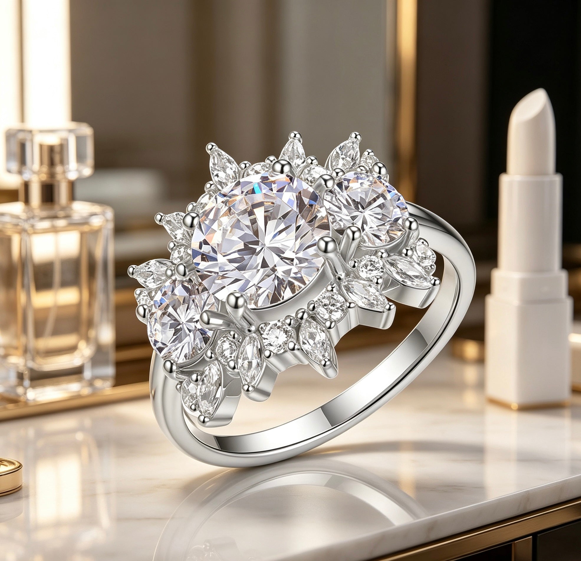 8mm round moissanite floral engagement ring with marquise petals in sterling silver on a marble vanity.