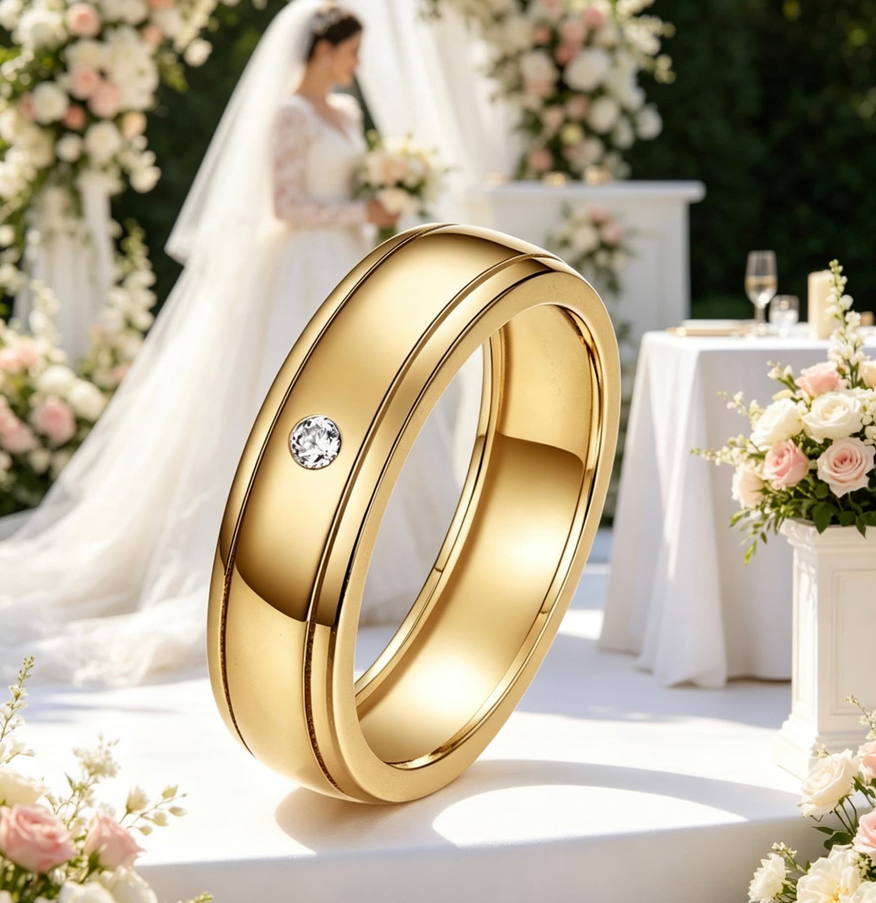Minimalist gold men's wedding ring with a flush-set moissanite stone, domed surface, and double rail design.