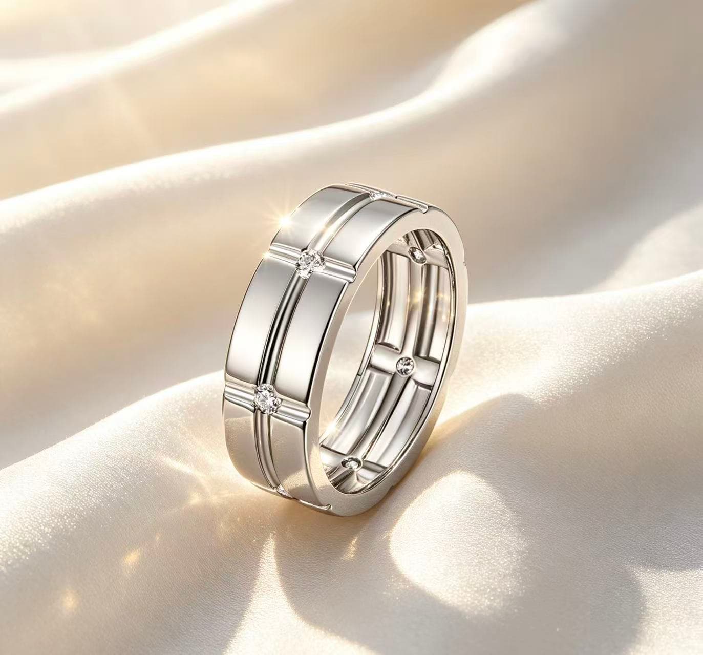 Wide S925 silver men's wedding band featuring a geometric grid pattern and seven flush-set D-color moissanite stones.