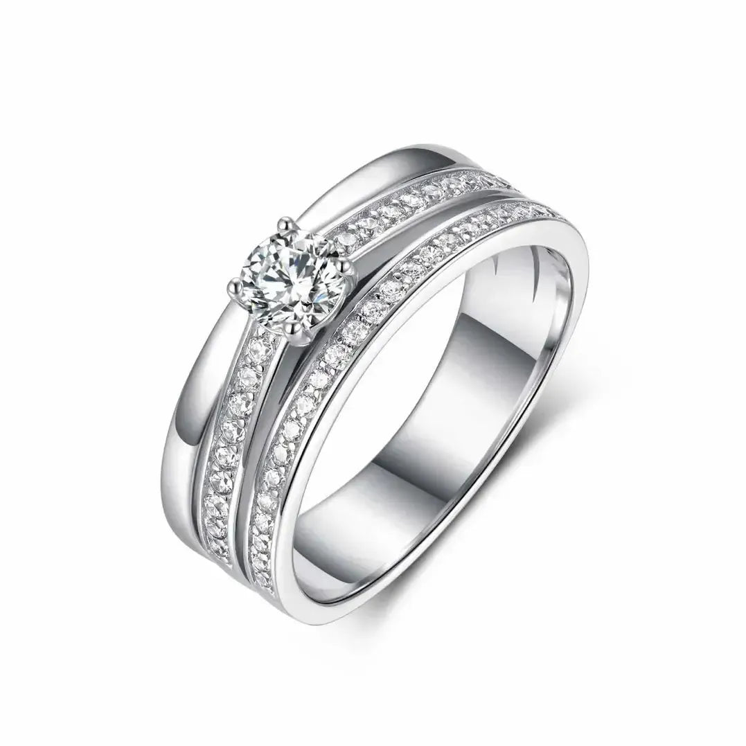 Men's S925 silver wedding ring featuring a 0.4ct moissanite center stone and double pavé moissanite rails.