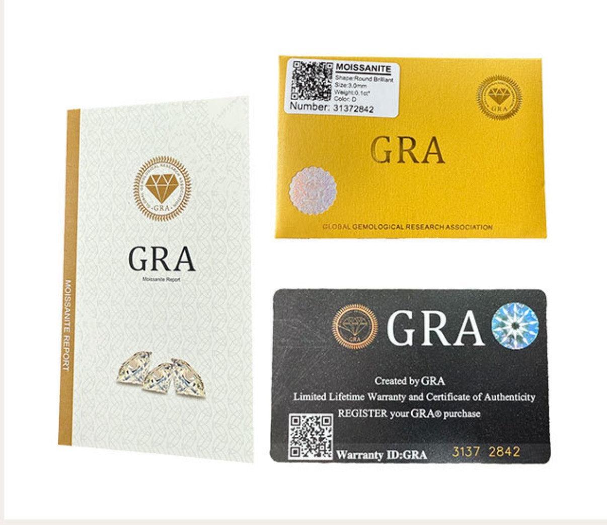 GRA moissanite report, authenticity certificate, and warranty card for a 3.0ct D color VVS1 moissanite engagement ring.
