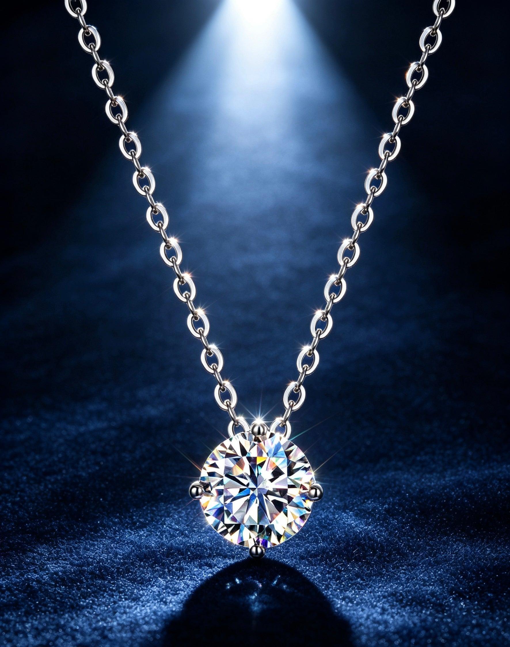 Sparkling round-cut moissanite pendant on a silver chain, featuring a classic four-prong setting against a dark blue background.