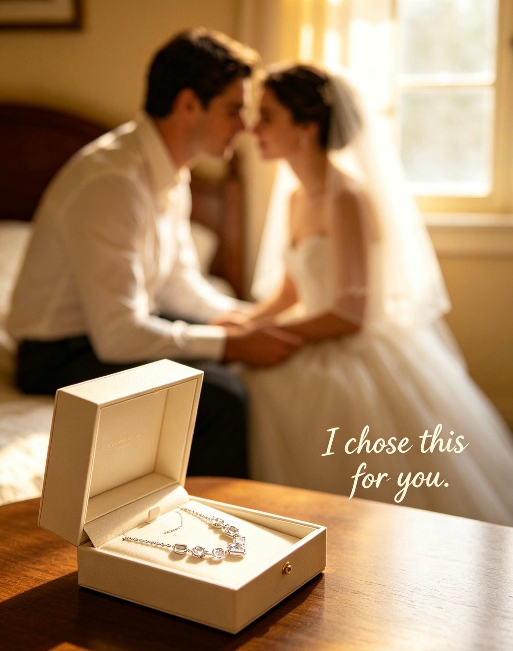 Luvymia multi-shape moissanite necklace in S925 silver displayed in a gift box with a blurred bridal couple in the background.