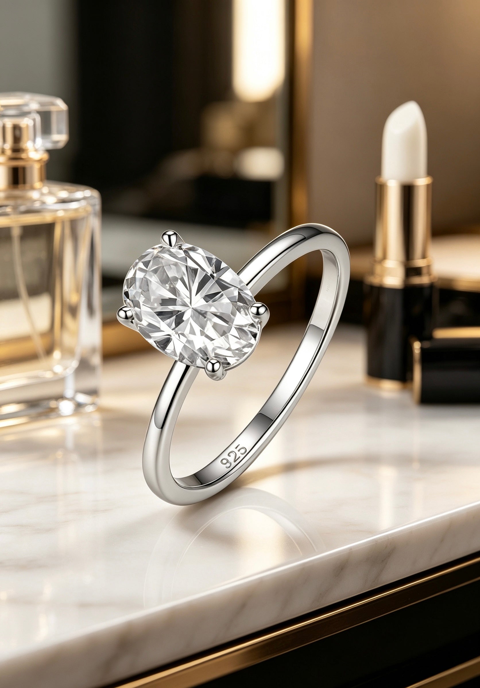 7x10mm oval moissanite solitaire ring in S925 silver with a classic four-prong setting on a marble surface.