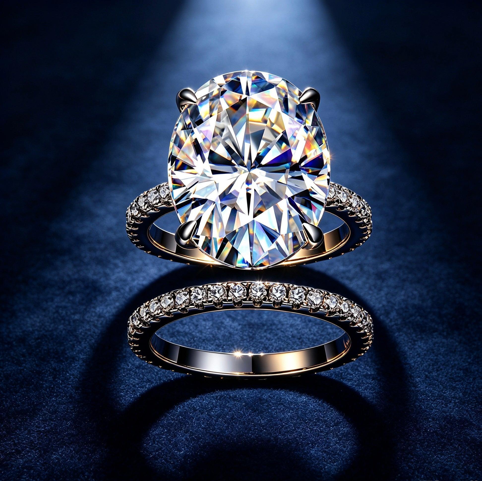 12x16mm oval moissanite bridal set in S925 silver with pavé diamond bands on a dark blue velvet background.