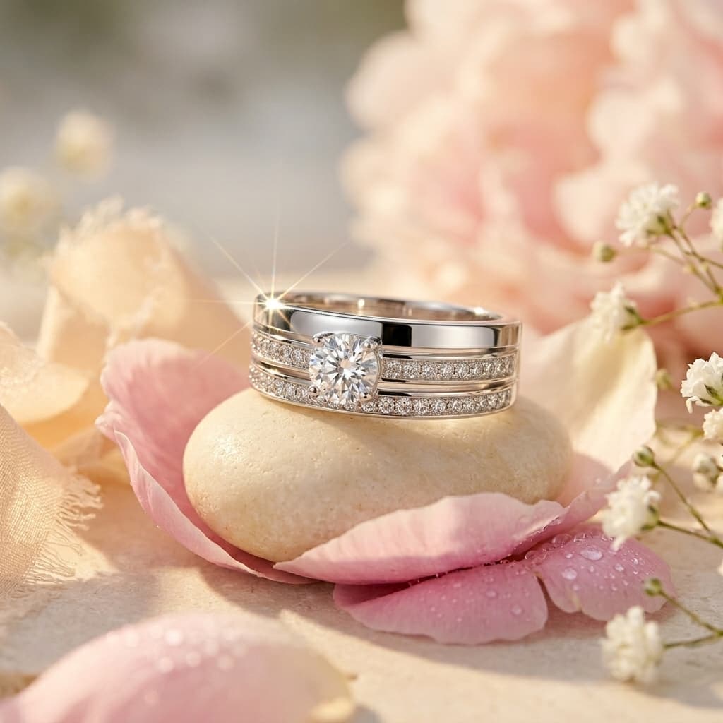 Men's S925 silver wedding ring with a 0.4ct moissanite center stone and double pavé rail design on a stone and flower base.