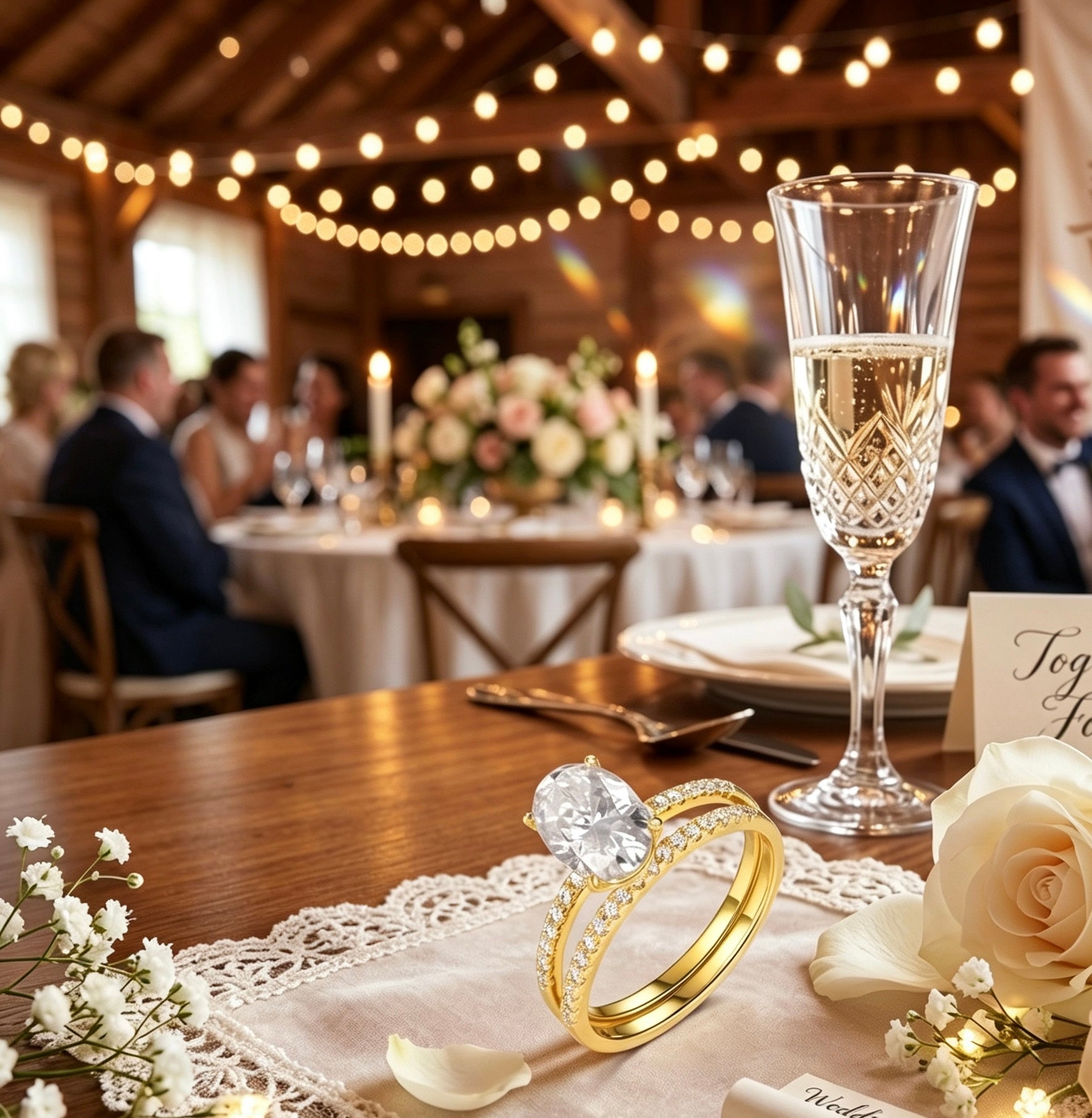 Oval moissanite solitaire engagement ring set in gold-plated S925 silver with a curved matching band on a wedding table.