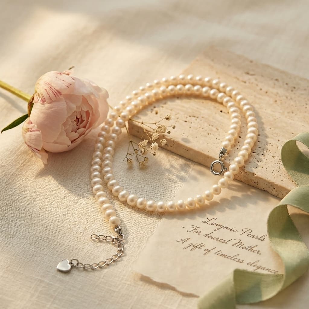 Minimalist 3–4mm freshwater pearl choker necklace with a 925 sterling silver heart charm clasp on a textured surface.