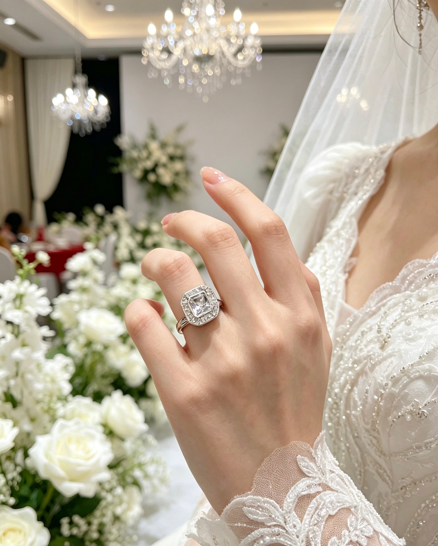 Octagonal moissanite ring in S925 silver with a bezel-set cushion stone and baguette accents on a bride's finger.