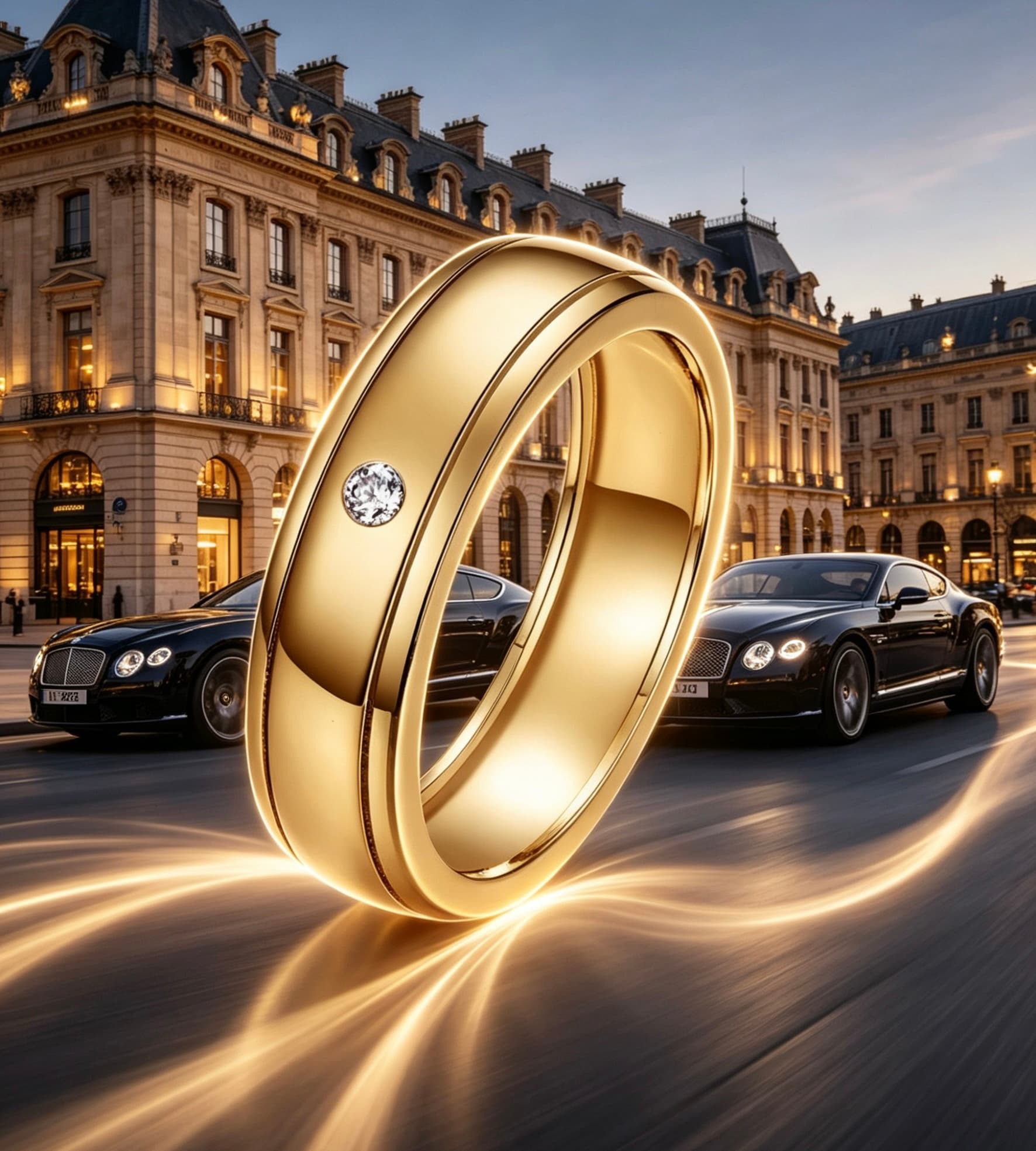 Minimalist gold men's wedding ring featuring a flush-set D-color moissanite stone and double rail design.