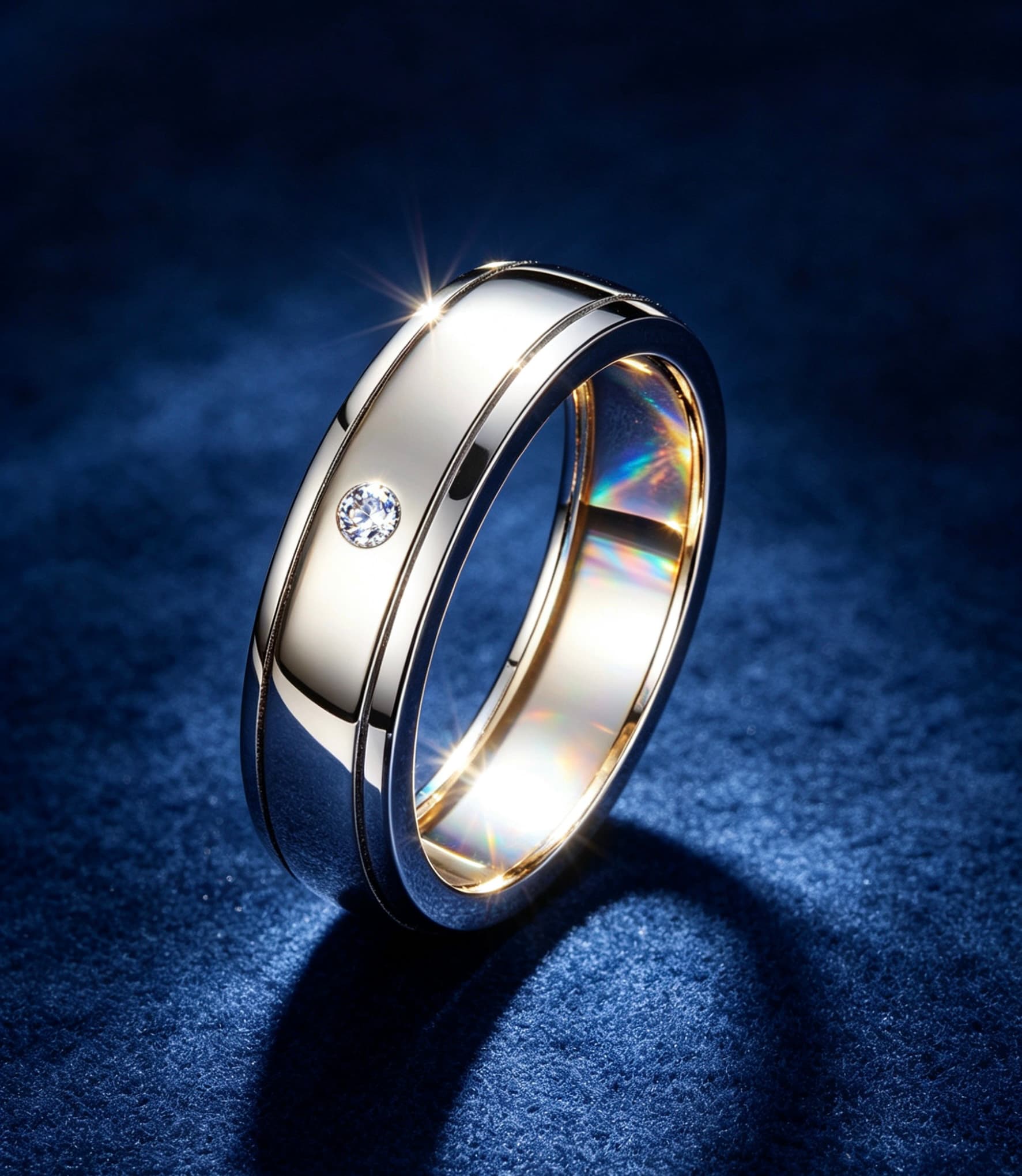 Minimalist men's S925 silver wedding ring with a flush-set D-color moissanite stone and double rail detailing.