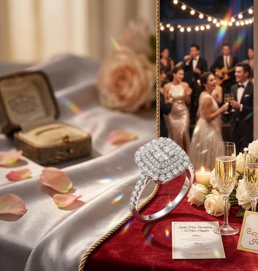 Square double halo moissanite ring in S925 silver with a baguette cluster center and pavé band on a velvet table.