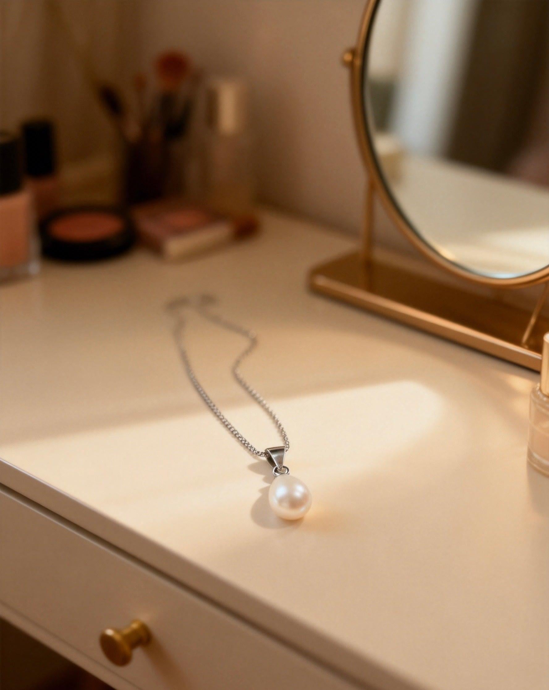 Baroque freshwater pearl pendant on a delicate 925 sterling silver chain resting on a vanity table.