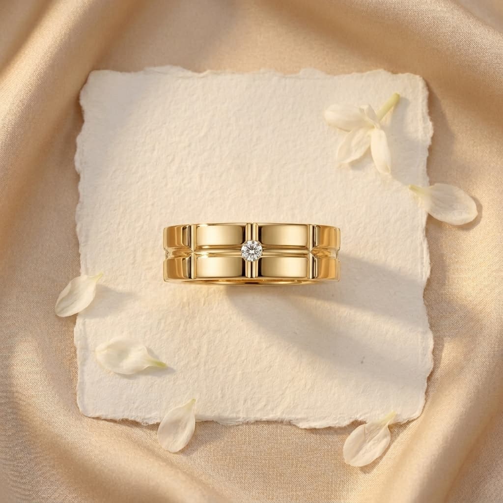 Wide gold S925 silver wedding band with a geometric grid pattern and a flush-set D-color moissanite stone.