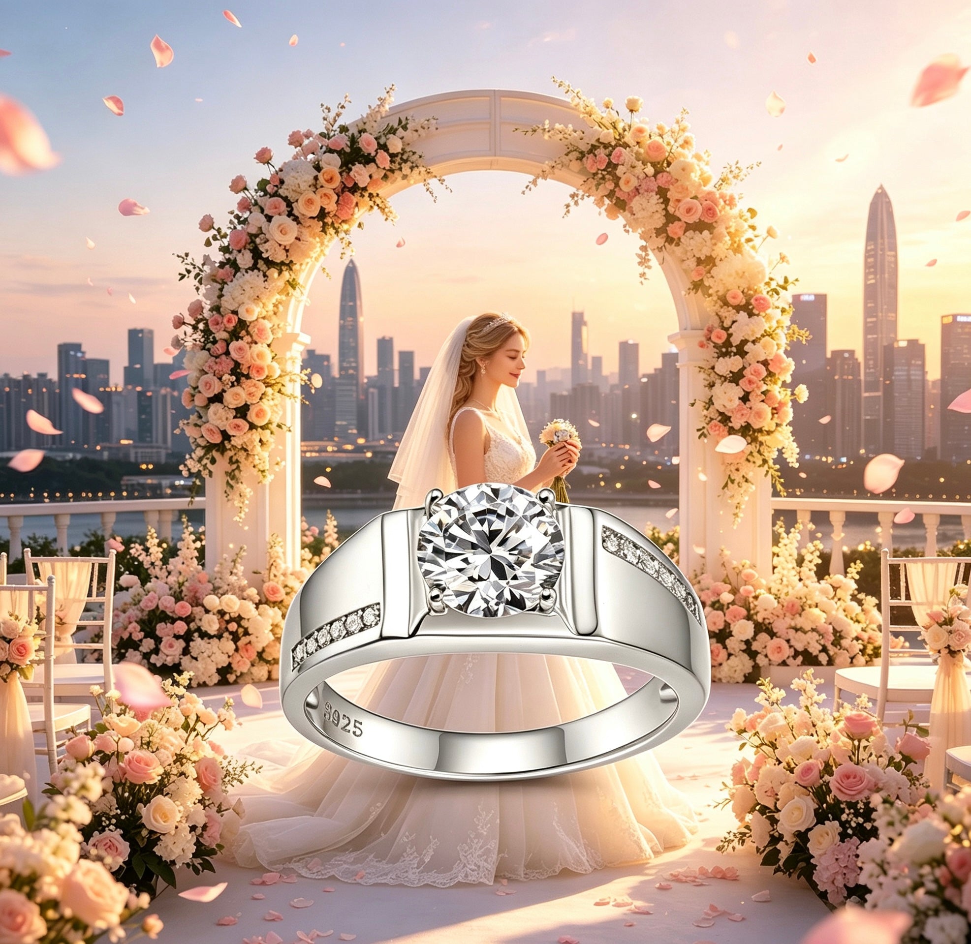 1ct round moissanite men's wedding ring in S925 silver with pavé accents against a wedding ceremony backdrop.